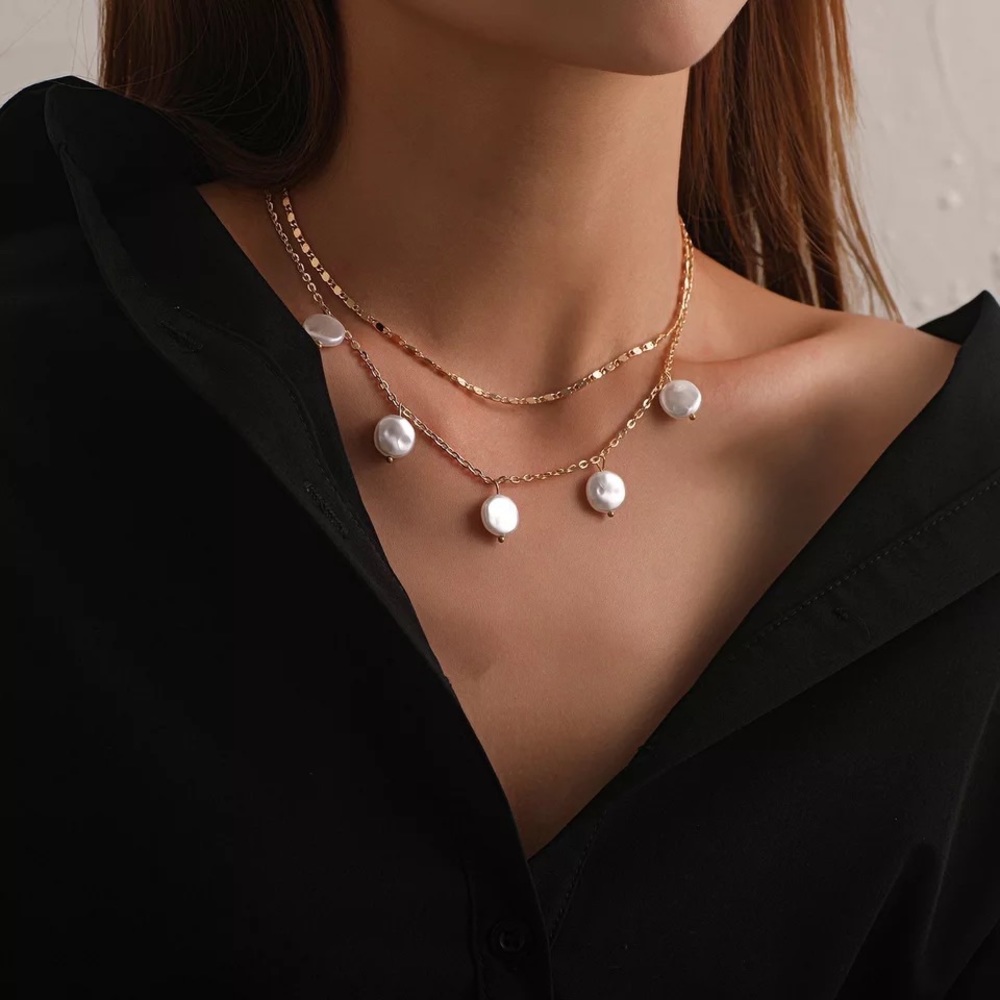 Freshwater Pearl Disc Layered Gold Necklace